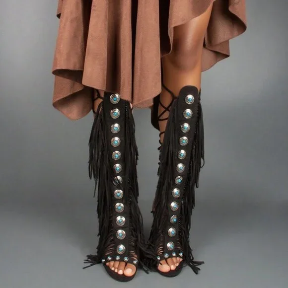 Black Bohemian Women'sGemstone Straps Fringe Detail Knee High Stiletto Boots f - Picture 8 of 10